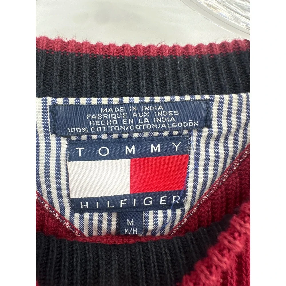 Vintage Y2K Tommy Hilfiger Sweater Mens M Red Ribbed Knit Crest‎ Logo Cotton